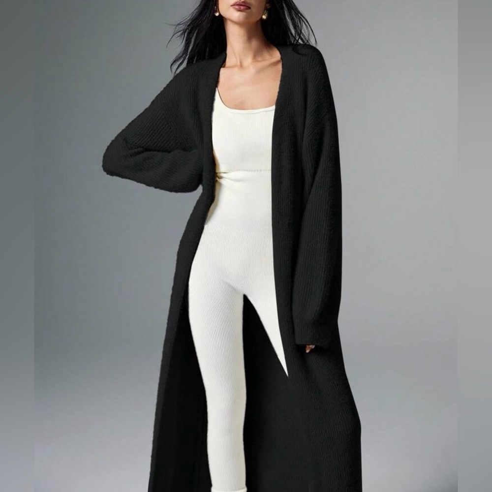 Long Open-Front Black Knit Cardigan Sweater